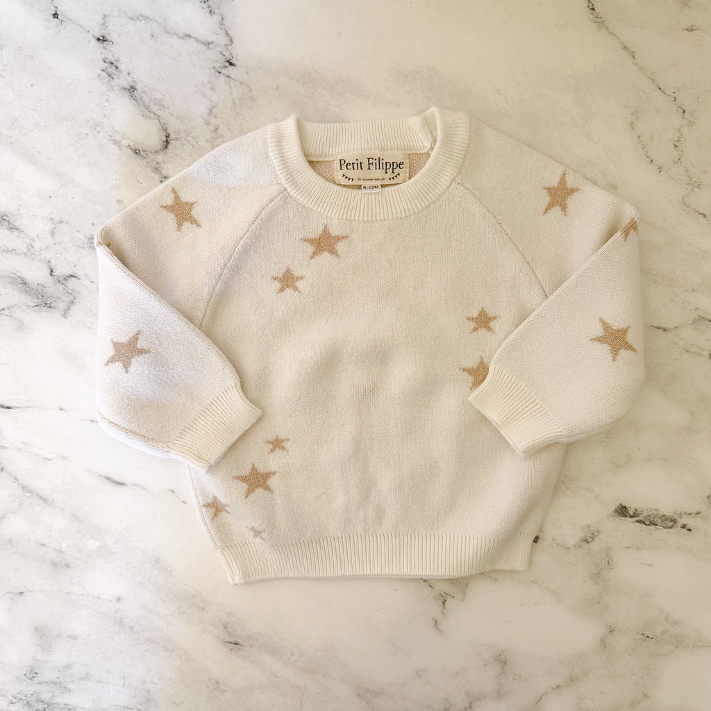 Petit Filippe Cream Tan Starry Knit Pullover Sweater | 9-12m