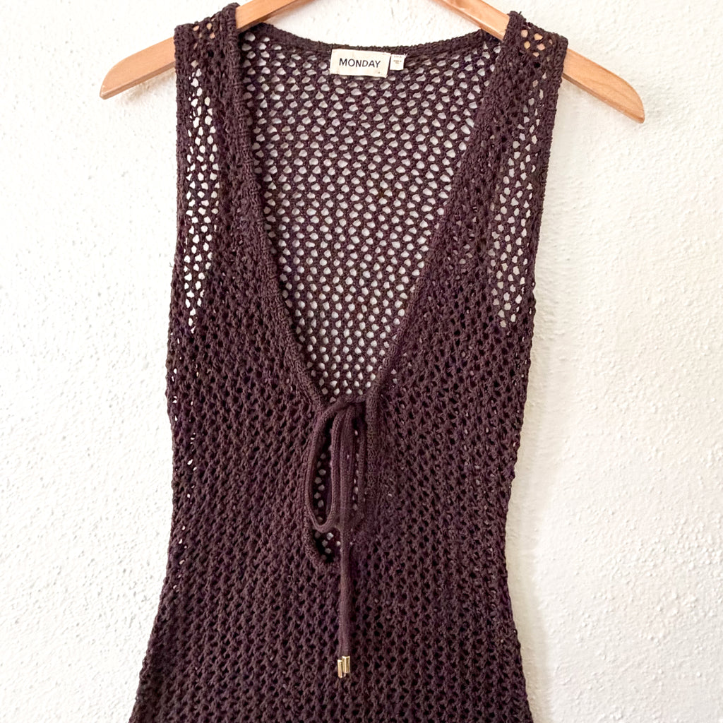 Monday Swimwear Crochet Monte Carlo Tie Cover Up Midi Dress in Espresso | S