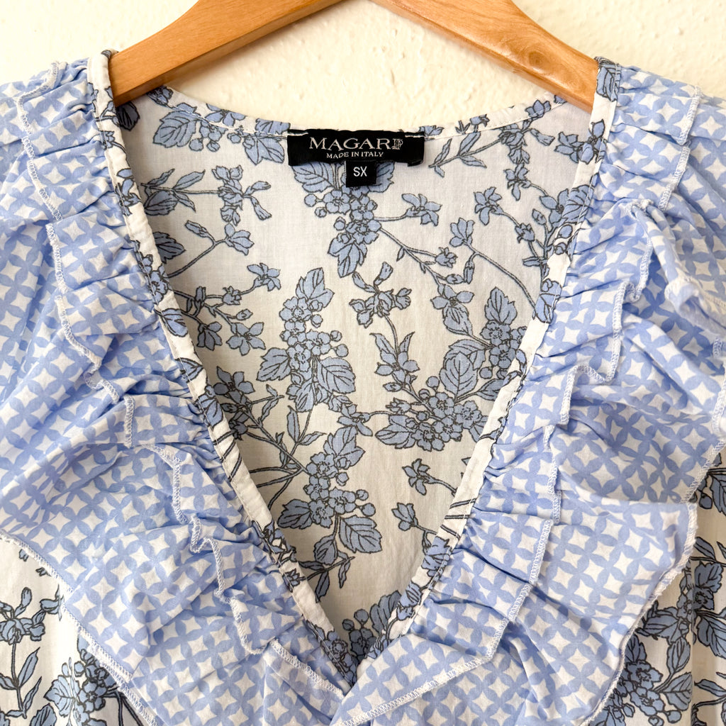 Magari Blue Floral Contrast Yoke Drawstring Wasit Midi Dress | XS