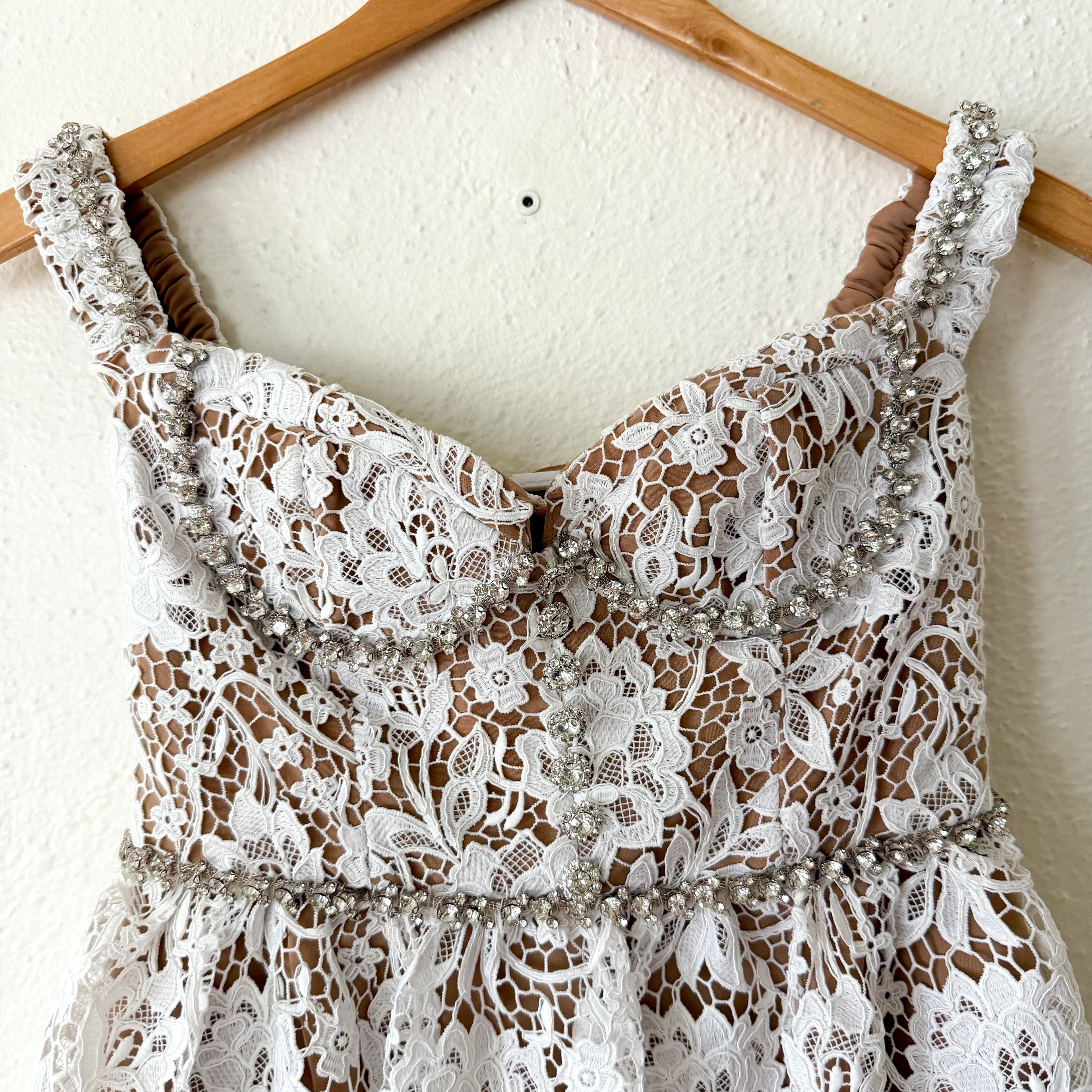 Self-Portrait White Diamante Rhinestone Embellished Lace Midi Dress | 0
