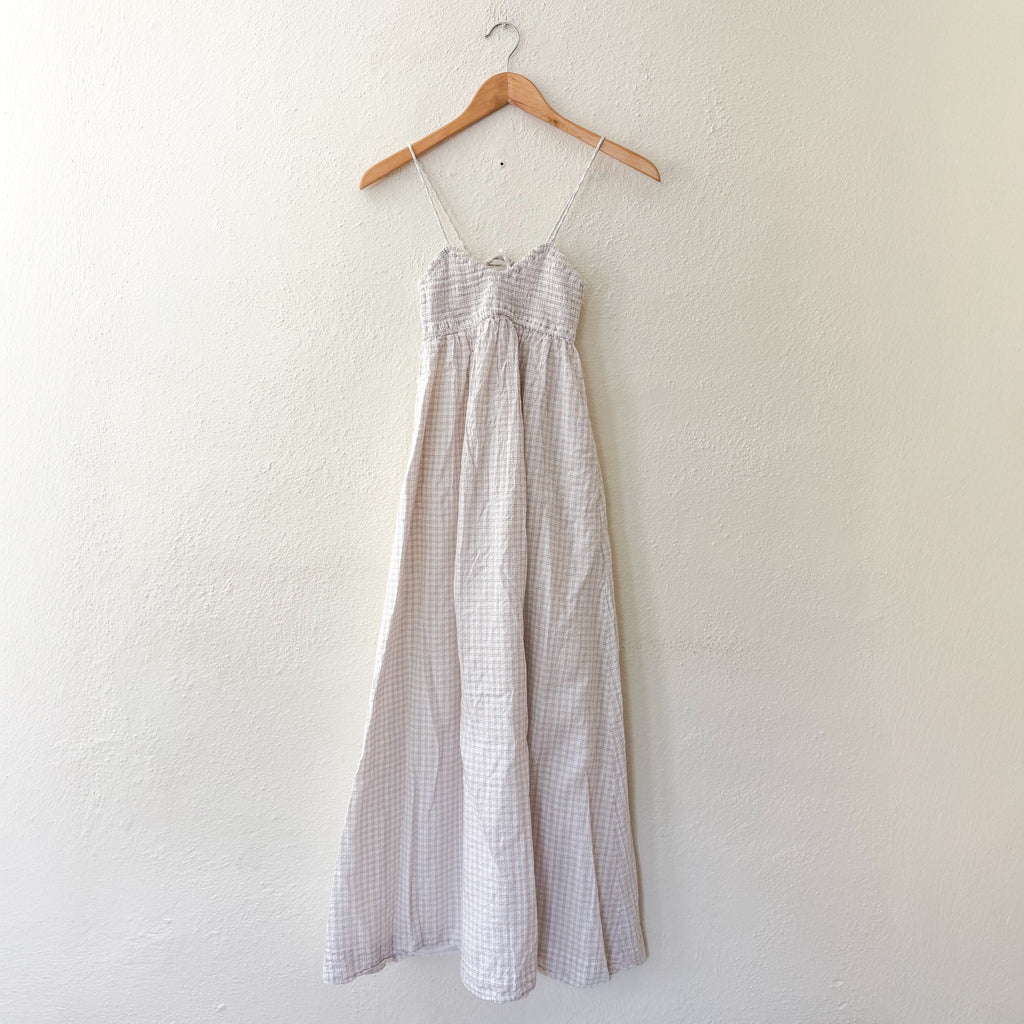 Abercrombie & Fitch Smocked Top Spaghetti Strap Maxi Dress in Neutral Windowpane | XS