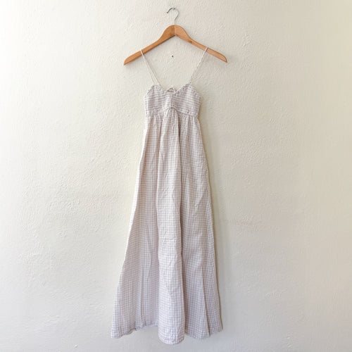 Abercrombie & Fitch Smocked Top Spaghetti Strap Maxi Dress in Neutral Windowpane | XS