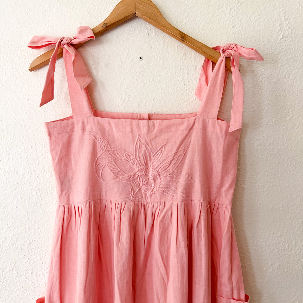 Juliet Dunn London Pink Floral Embroidered Cotton Midi Dress | 1