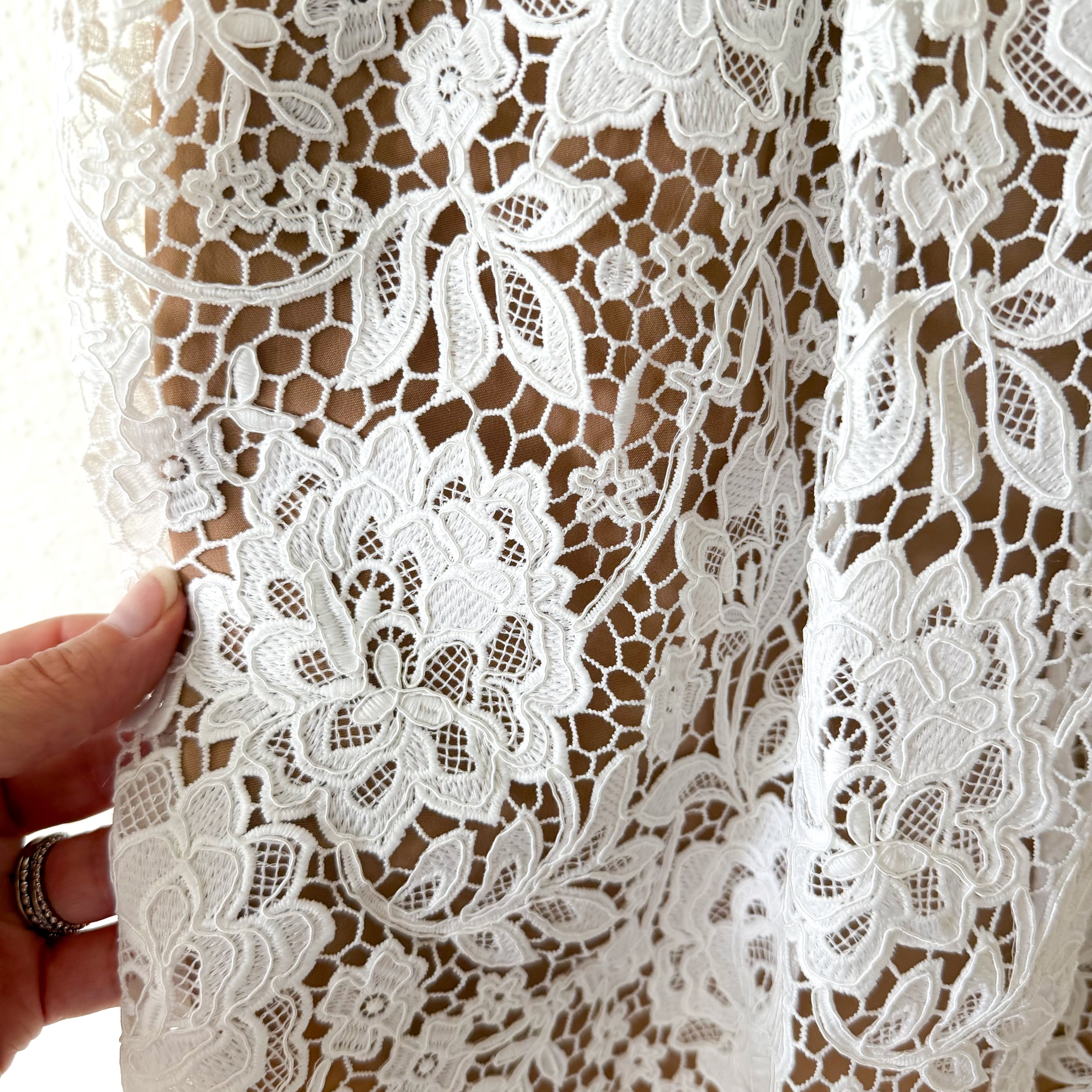 Self-Portrait White Diamante Rhinestone Embellished Lace Midi Dress | 0