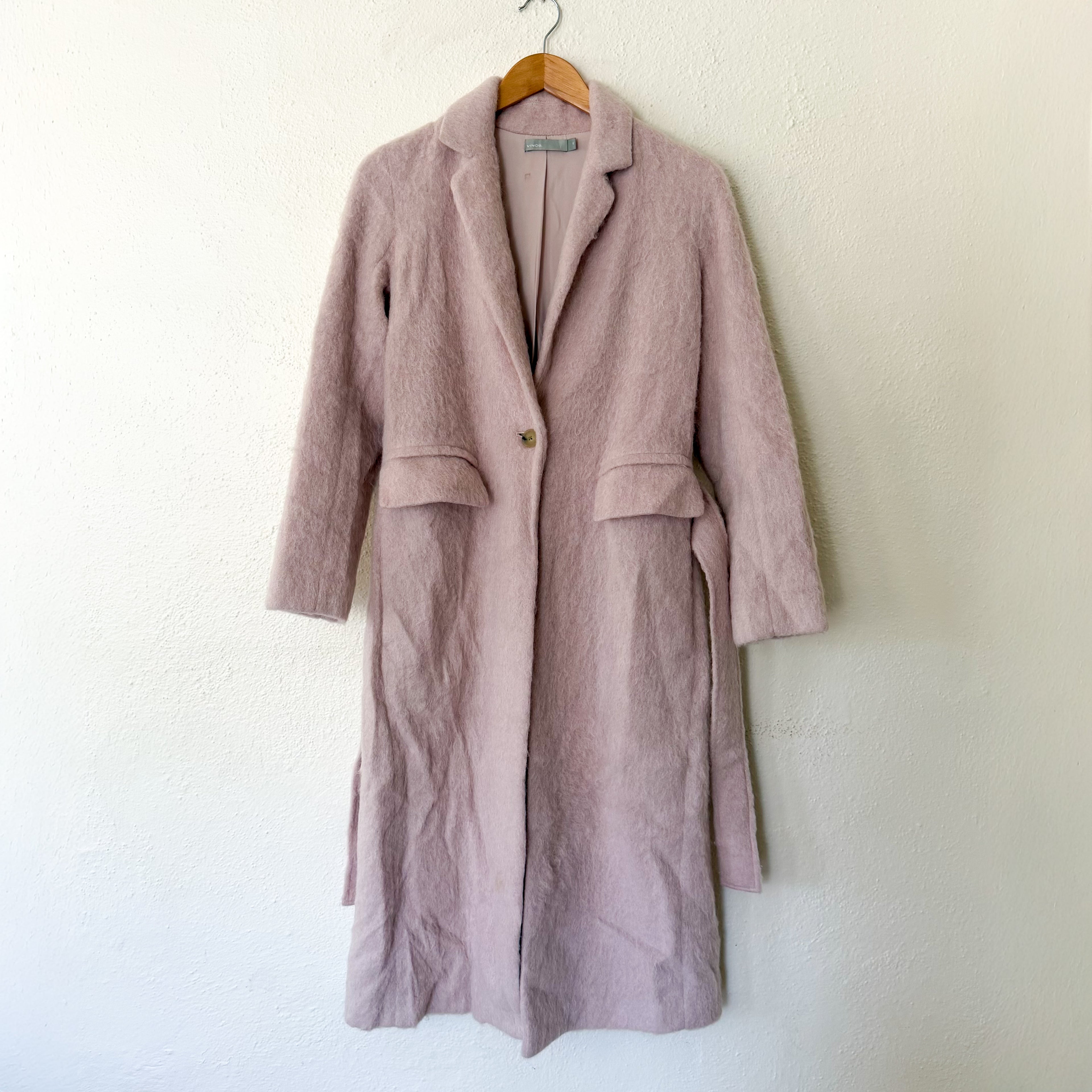 Vince Alpaca Mohair Blend Longline Belted Trench Coat in Dusty Blush Pink | XS
