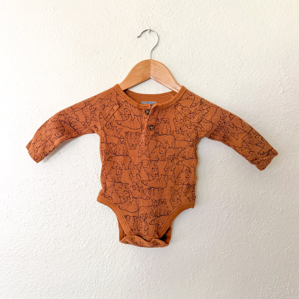 Old Navy Brown Bear Textured Cotton Long Sleeve Bodysuit | 6-12m