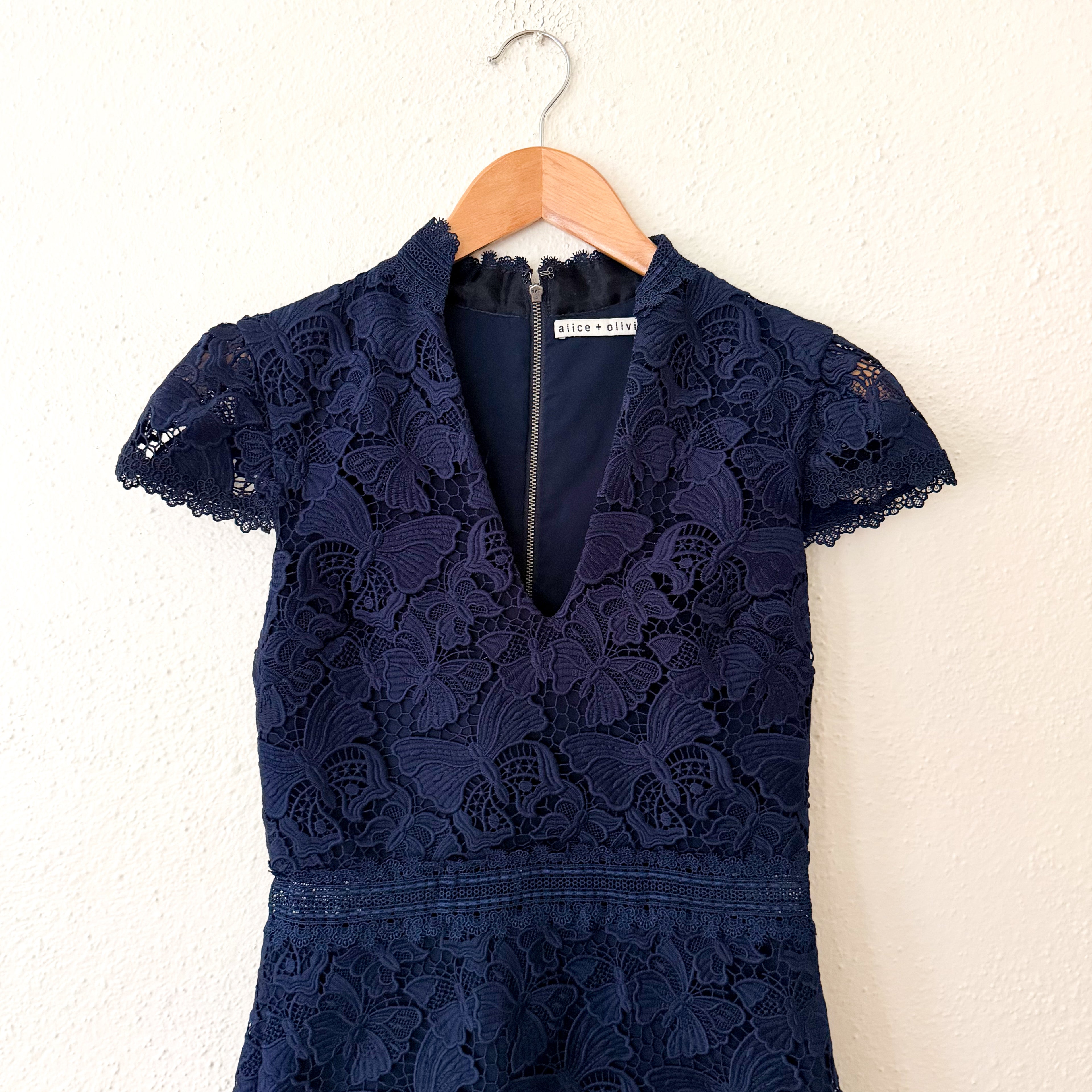 Alice + Olivia Diona Navy Blue Broderie Butterfly Lace Mini Dress | 0