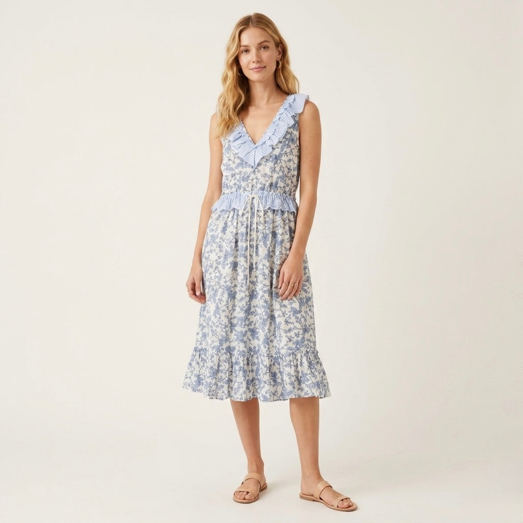 Magari Blue Floral Contrast Yoke Drawstring Wasit Midi Dress | XS