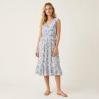 Magari Blue Floral Contrast Yoke Drawstring Wasit Midi Dress | XS