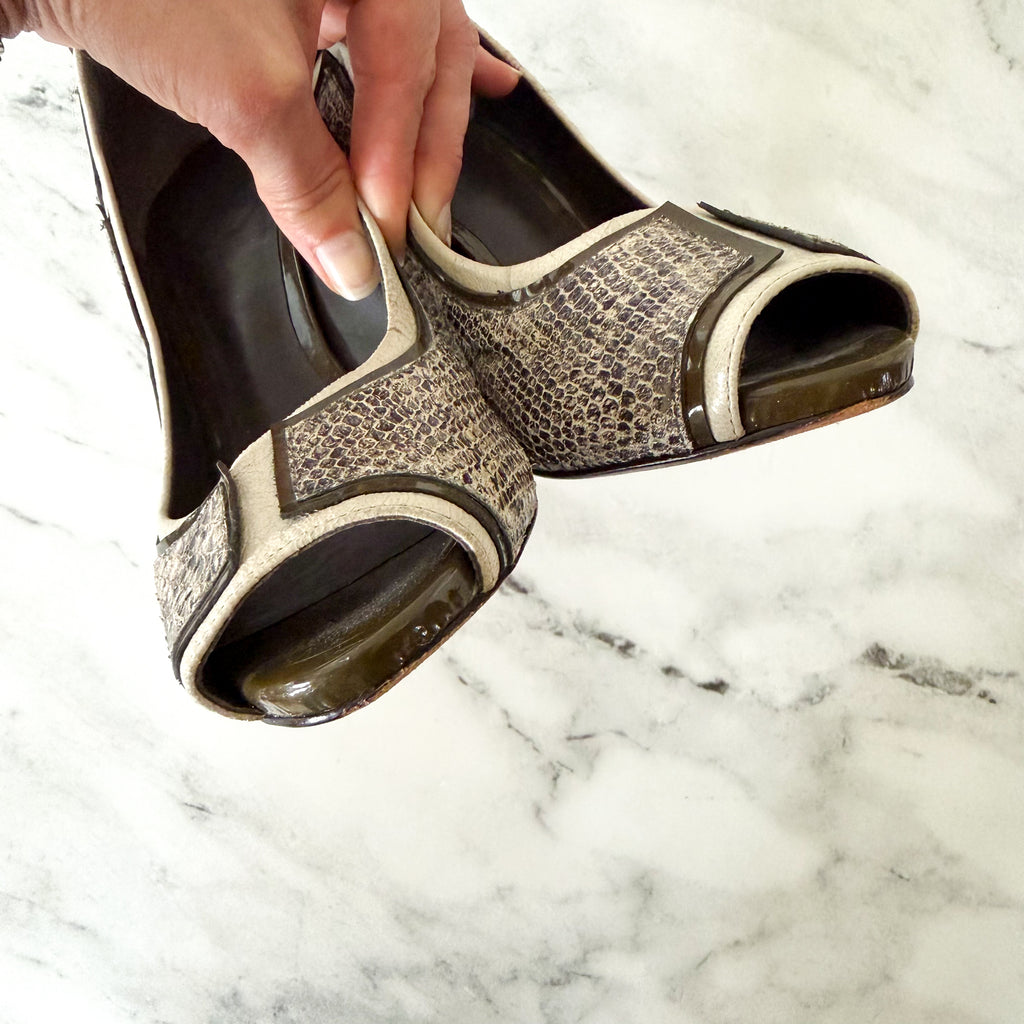 Tory Burch Matilda Pitone Rocha Snake Embossed Leather Block Peep Toe Heels | 6