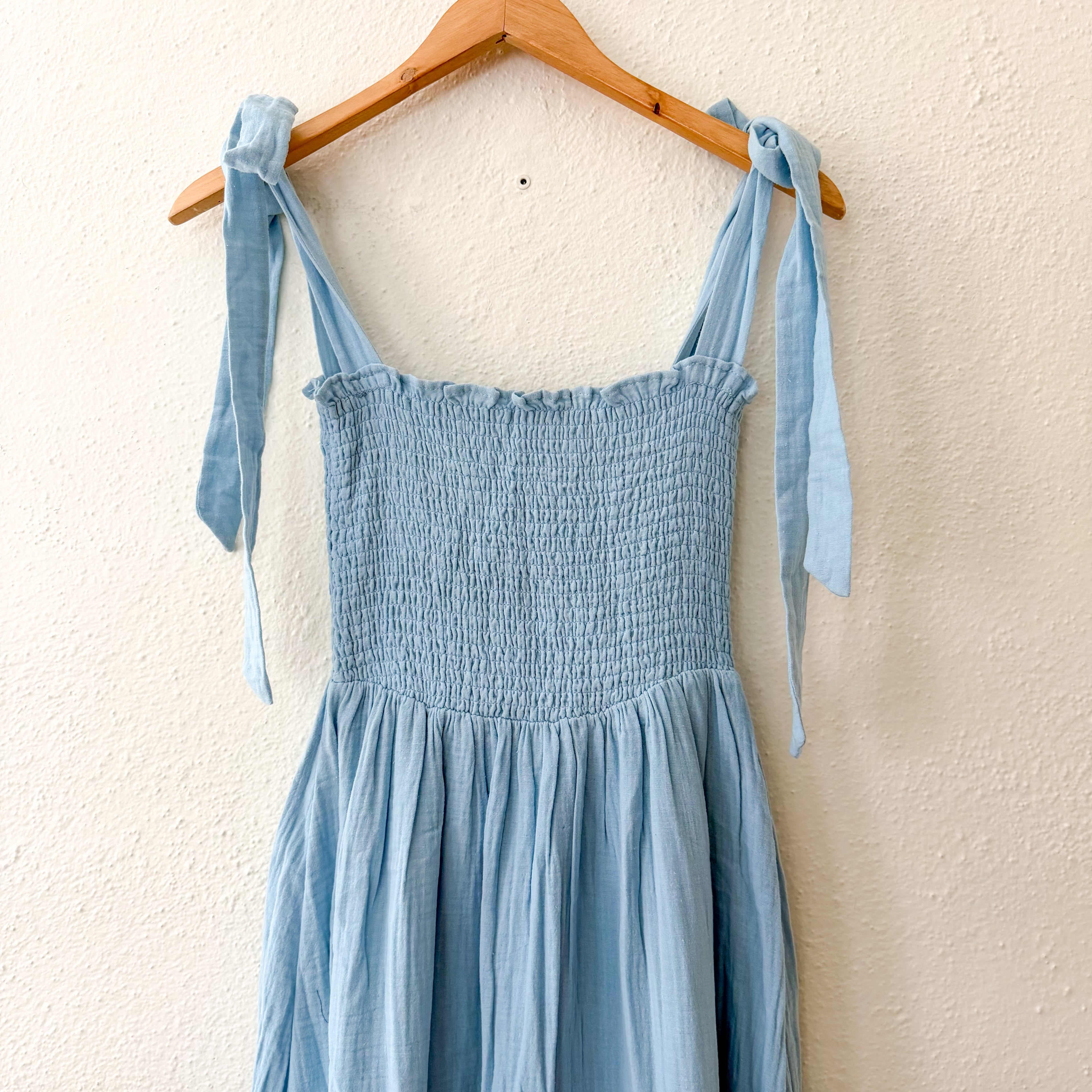Caslon Smocked Tie Strap Cotton Gauze Midi Sundress in Baby Blue | XS