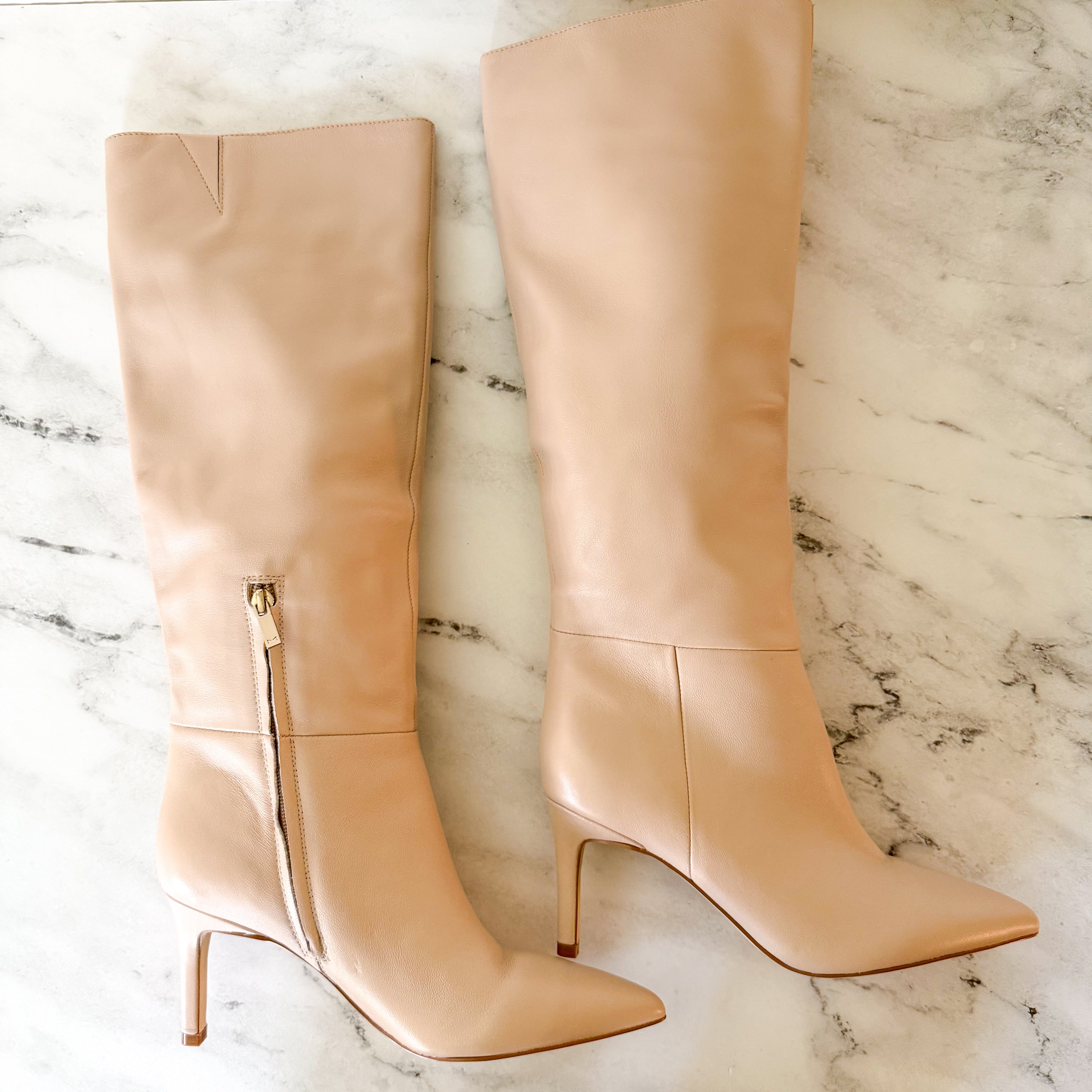 Marc Fisher Georgiey Pointed Toe Knee High Boot in Cream | 6.5