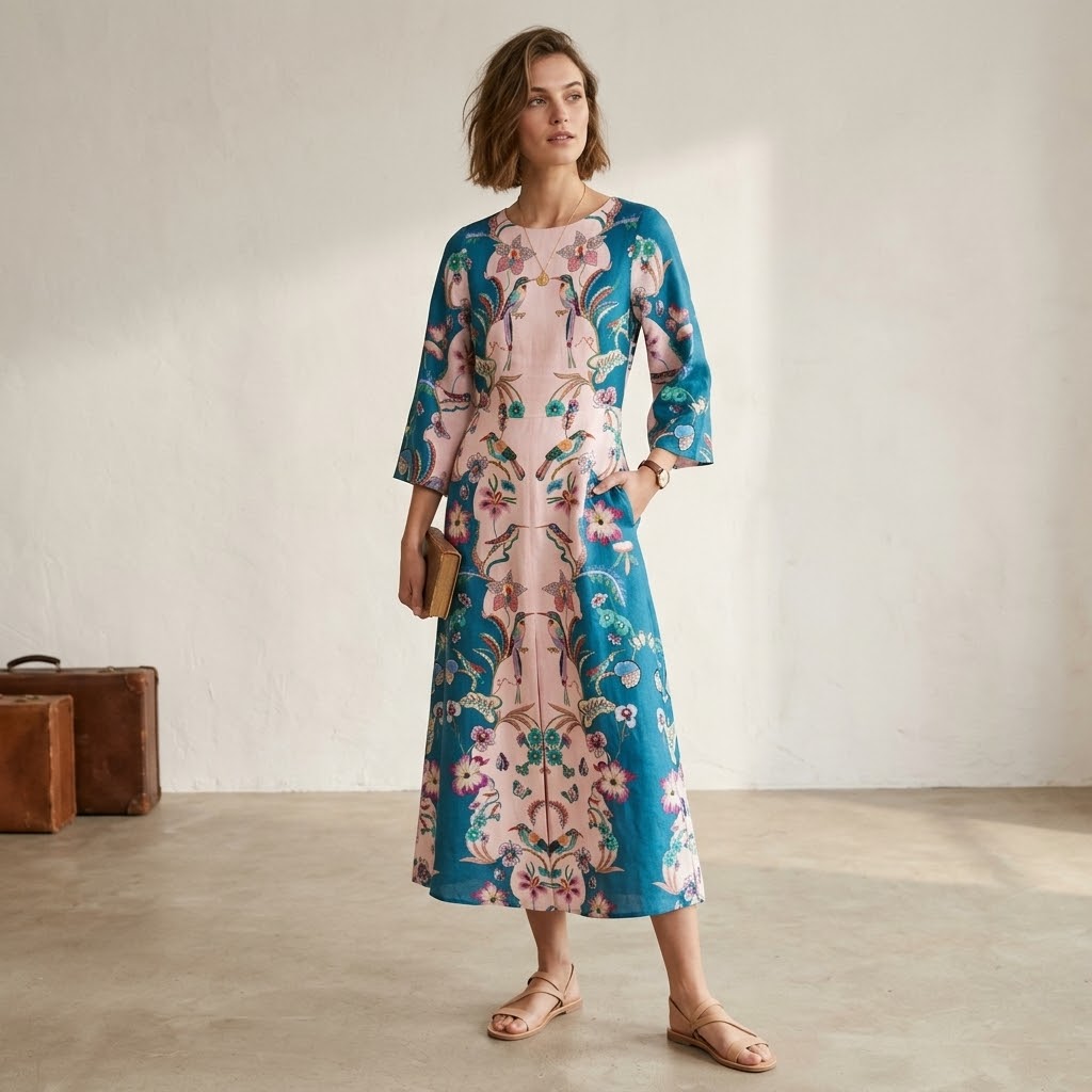 Boden 100% Silk Angel Sleeve Boatneck Midi/Maxi Dress in Orchid Canopy | 0R