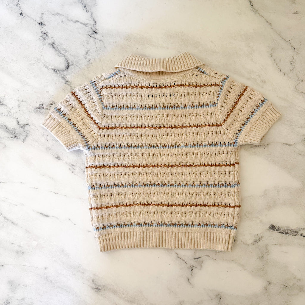 Old Navy Tan Brown Blue Crochet Collared Knit Sweater + Pull On Shorts Matching Set | 0-3m