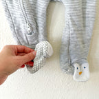 JoJo Maman Bébé Winter Penguin Appliqué Grey Stripe 2-Way Zip Footed Sleeper | 9-12m