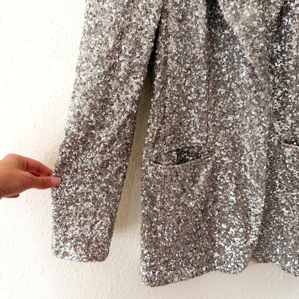 Express Silver Sequin One Button Boyfriend Blazer |  XS