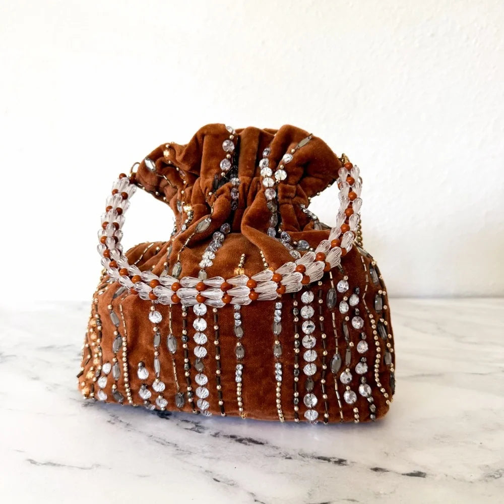 Anthropologie Velvet Beaded & Embellished Pouch | Brown