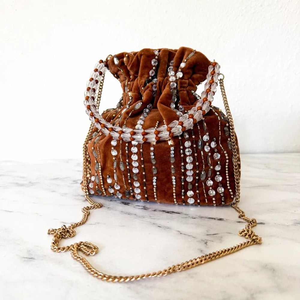 Anthropologie Velvet Beaded & Embellished Pouch | Brown