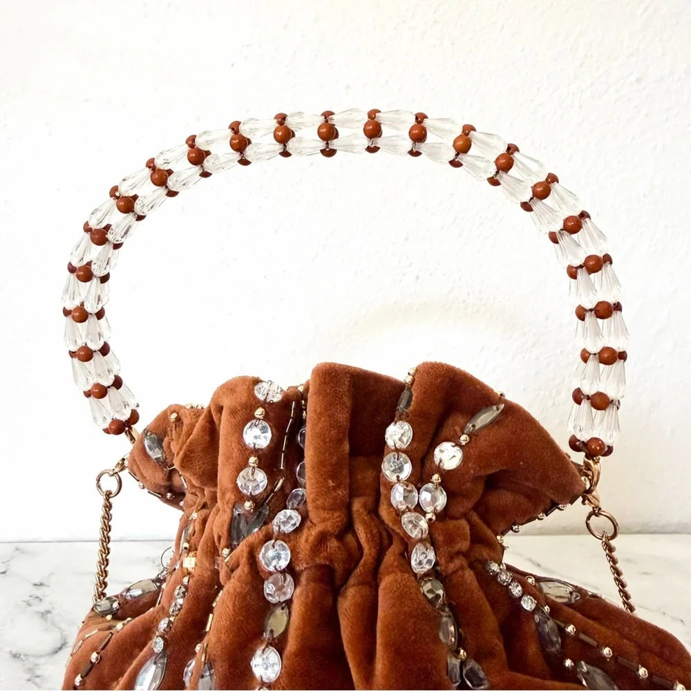 Anthropologie Velvet Beaded & Embellished Pouch | Brown