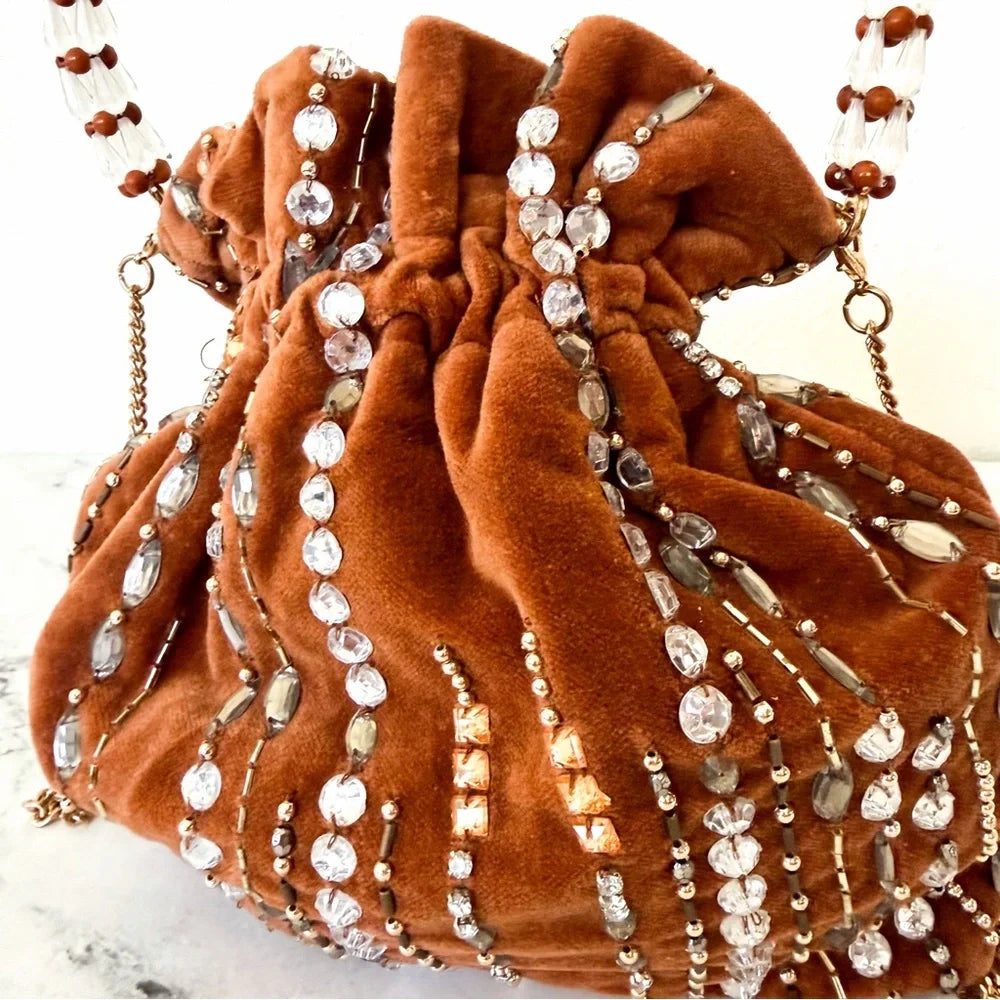 Anthropologie Velvet Beaded & Embellished Pouch | Brown