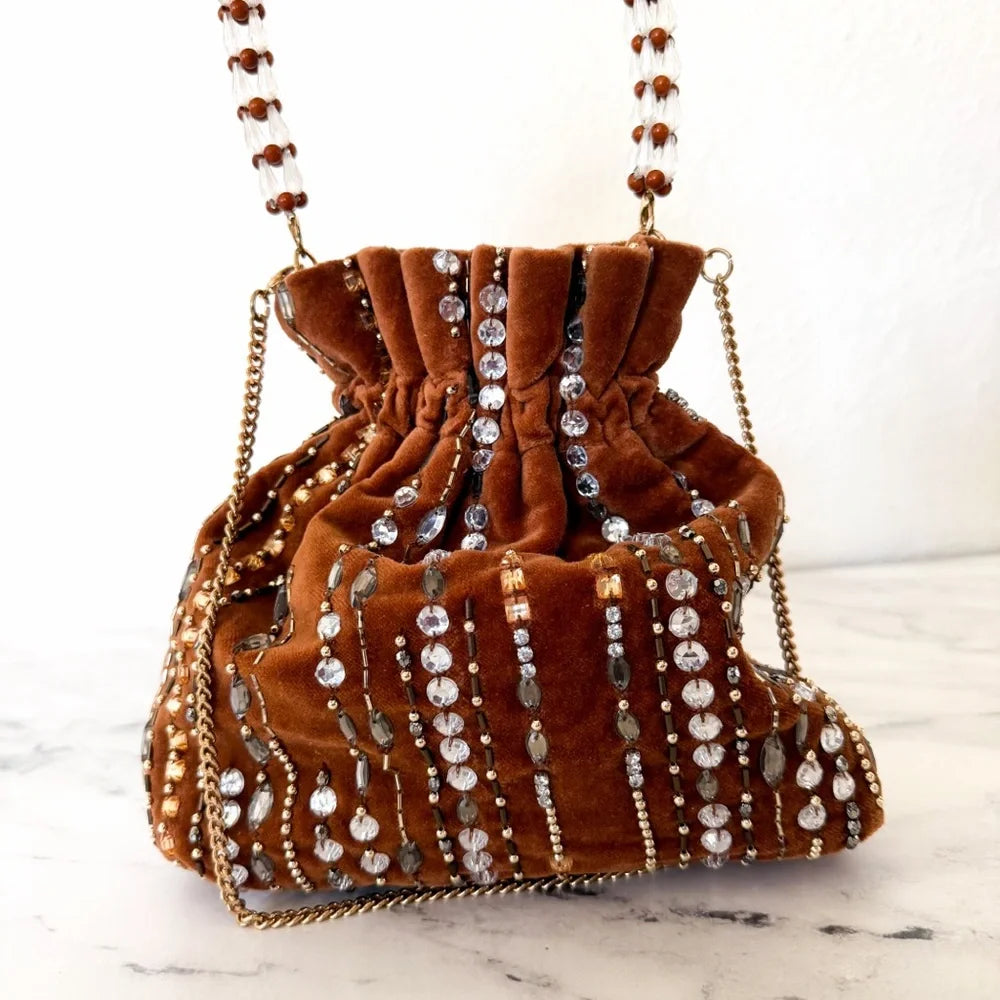 Anthropologie Velvet Beaded & Embellished Pouch | Brown