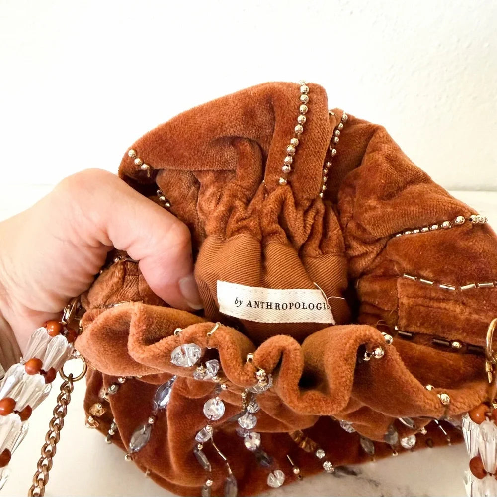 Anthropologie Velvet Beaded & Embellished Pouch | Brown