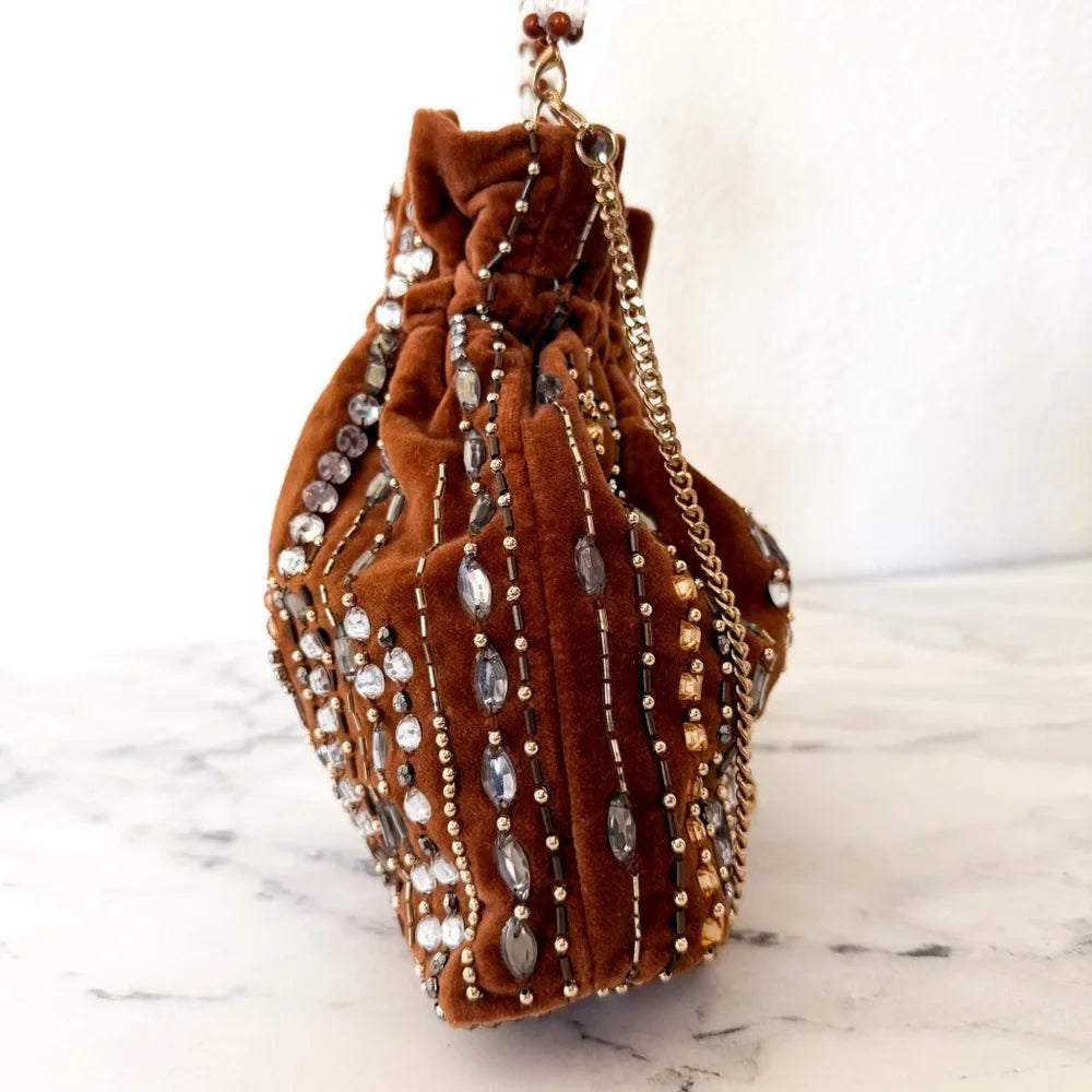 Anthropologie Velvet Beaded & Embellished Pouch | Brown